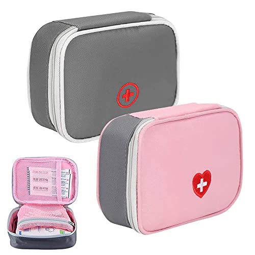 Deer Platz 2 Piezas Mini Kit Primeros Auxilios, Medicina Vacío Bolsa de Viaje, para Coche Camping Viajes, con Multi-Bolsillo de Viaje(Rosa, Gris)