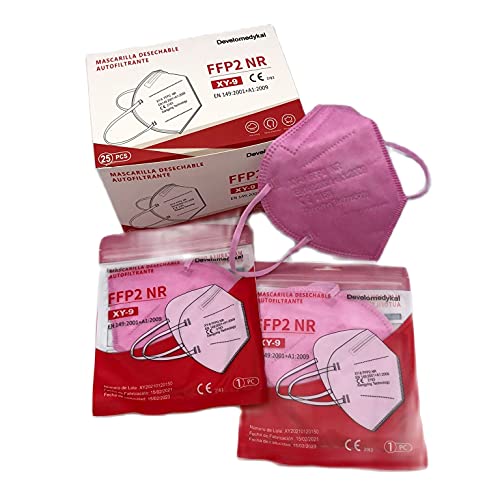 DEVELOMEDYKAL 25 Mascarillas FFP2 Homologada CE, Mascarillas Blancas, Negras y Rosas Adulto, Protector Facial desechable (Rosa Medio)