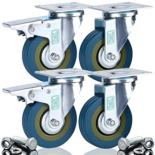 DSL Lot de 4 roulettes pivotantes ultra-résistantes en caoutchouc noires 75 mm pouvant supporter jusqu’à 360 KG et fixations