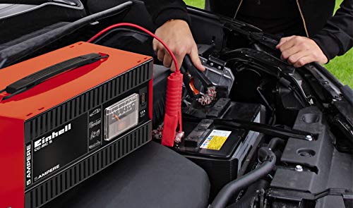 Einhell Cargador de baterías CC-BC 5(p. baterías de 16-80 Ah, 12 V tensión carga, amperímetro incorp., carcasa de chapa acero, protección contra sobrecarga/inversión polaridad, pinzas polos aisladas)