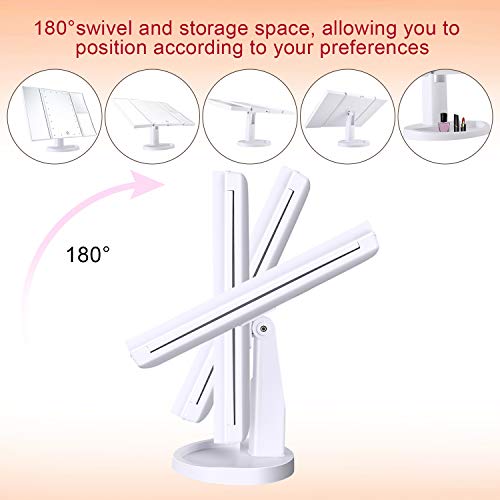 Espejo de Maquillaje Iluminado, 21 Luces LED Espejo Cosmético de Tocador, Pantalla Táctil de Aumento Tri-Fold 2X 3X 10X de Aumento, Rotación Libre de 180 °, Fuente de Alimentación Dual Blanco