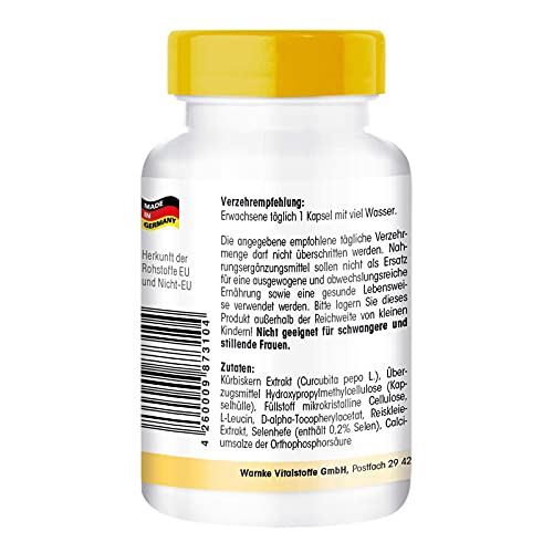 Extracto de semillas de calabaza 500mg – Con Vitamina E y Selenio – 100 cápsulas