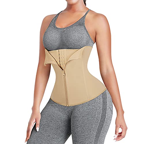 FeelinGirl Mujer Neopreno Corsé Lumbar con 6 Huesos Aceros Faja Reductora Postparto con Cremallera y Velcro Waist Trainer Deportivo Beige Cintura 82-88cm(XXL/Talla 44)