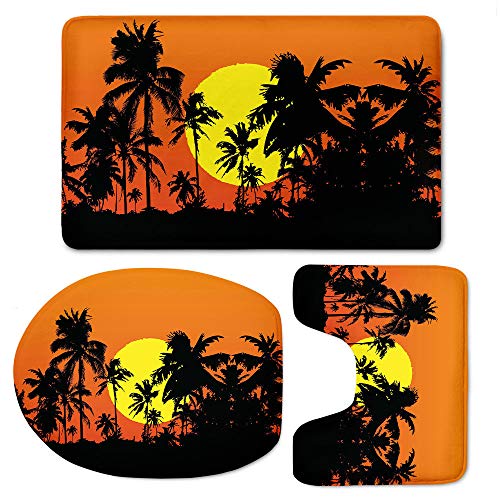 FGHJSF Alfombra de baño de 3 Piezas Puesta de Sol sobre el cocotero Impresión 3D Alfombrillas de baño Set Alfombra de baño de Secado rápido, Alfombra de Contorno en Forma de U y Asiento de Inodoro