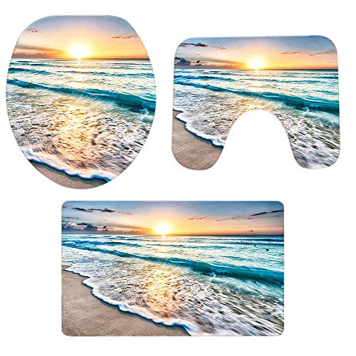 FGHJSF Alfombras de Baño Puesta de Sol sobre el mar Antideslizantes y Absorbentes 3 Piezas Alfombra de Ducha Alfombra de baño de Secado rápido,Alfombra de Contorno en Forma de U y Asiento de Inodoro