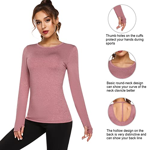 Fipput Camiseta Manga Larga Mujer Deporte Secado Rápido Camiseta Espalda Descubierta Mujer Manga Larga Camiseta Deporte Mujer con Agujeros para los Pulgares,Rojo,S