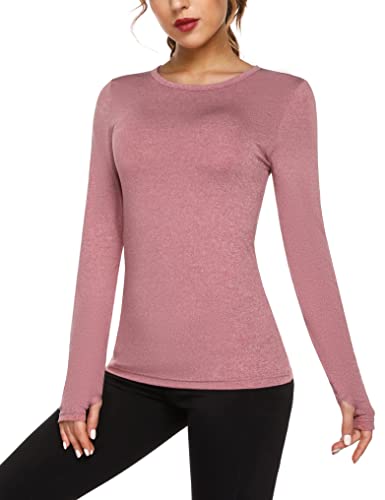 Fipput Camiseta Manga Larga Mujer Deporte Secado Rápido Camiseta Espalda Descubierta Mujer Manga Larga Camiseta Deporte Mujer con Agujeros para los Pulgares,Rojo,S