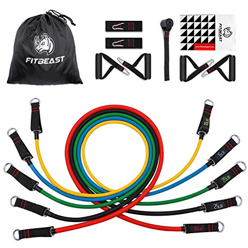 FitBeast Set de Bandas de Resistencia, Bandas elásticas para Entrenar con Soporte de 100lbs, Kit de Bandas para Entrenar con 5 Tubos, 4 Manijas de Hule, Correas para Tobillos, Anclaje para Puerta