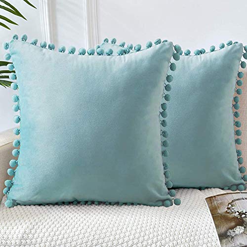 GaoTuo Terciopelo Suave Fundas de Almohada Decorativas de Terciopelo para el hogar, sofá Cama con Bola de Color sólido, Sala de Estar, Dormitorio, Estudio (Azul)