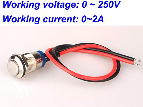 Gebildet 5 Pcs Pulsador a Prueba de Agua Botón de Acero Inoxidable Momentáneo Encendido Apagado con Alambre 12mm 2A 12V/24V/125V/250V(Cabeza Alta)