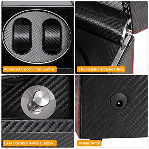 Gifort Caja de Relojes Automaticos Estuche para 2 Relojes, Watch Winder de Cuero PU Super Silencioso Caja Organizadora de Relojes Hombre Mujer, Alimentado por Batería o Red