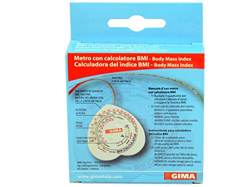 GIMA ref 27342 Cinta métrica para la medición de índice de masa corporal IMC, medidor frontal retráctil de grasa corporal de bosillo, calculadora anatómica para el uso profesional y personal