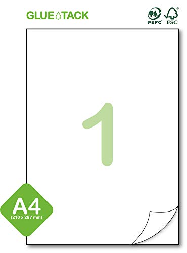 Gluetack – Etiquetas Adhesivas 210 x 297mm -A4 | 50 Folios Adhesivos-1 Etiqueta/Hoja–50 Etiquetas | Papel de Pegatina para Imprimir