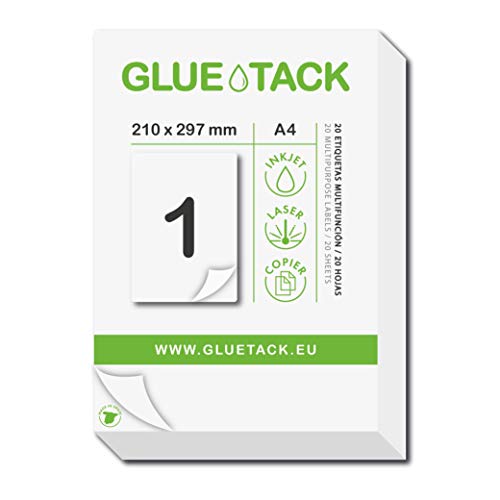 Gluetack – Etiquetas Adhesivas 210 x 297mm -A4 | 50 Folios Adhesivos-1 Etiqueta/Hoja–50 Etiquetas | Papel de Pegatina para Imprimir