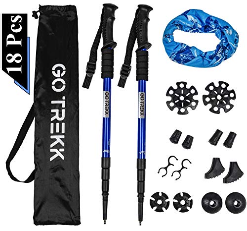 GO TREKK 2 Bastones de Senderismo Profesionales 60~135 cm+ Accesorios múltiples + Bandana Deportiva,Trekking Poles telescópicos, Ultra Ligeros, Plegables, Ajustables, Anti Choque (Azul)