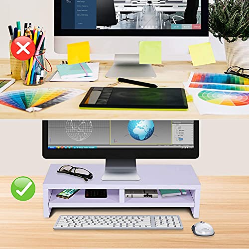 GOTOTOP - Soporte de monitor con 2 niveles de madera para elevar monitor, ordenador o escritorio, casa, elevar, pantalla LCD, Mac, ordenador portátil, 50 x 20 x 11,7 cm, carga 30 kg, color blanco