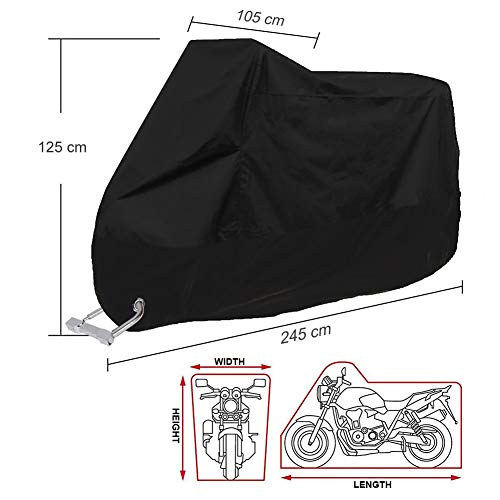 Hanbee Funda para Moto Cubierta Protectora UV de la Motocicleta con Agujeros de Bloqueo, Impermeable y Resistente al Viento Lluvia Nieve,Antipolvo al Aire Libre, 190T, XXL 245X105X125cm,Negro