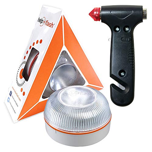 HELP FLASH - luz de Emergencia AUTÓNOMA preseñalización Peligro y Linterna, homologada, DGT, V16, activación AUTOMÁTICA + Martillo de Emergencia rompeventanas y Cortador de cinturón de Seguridad