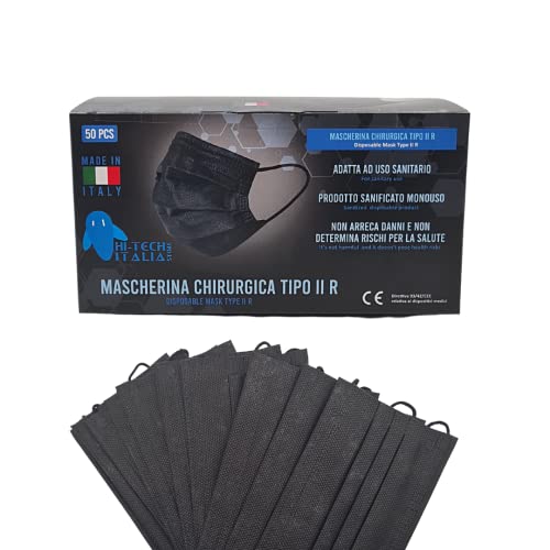 HI-TECH ITALIA STORE 50 Mascarillas Quirúrgicas Negras Tipo II R, Mascarillas Quirúrgicas Filtrantes con 3 Capas de Protección en TNT, Mascarillas 100% Made in Italy