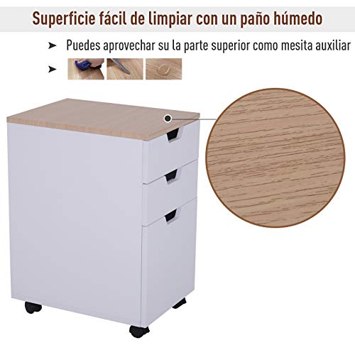 HOMCOM Armario Móvil para Oficina con 3 Cajones Ruedas Universales Freno Cajonera para Organizar Documentos 34x40x60,5 cm Blanco y Natural