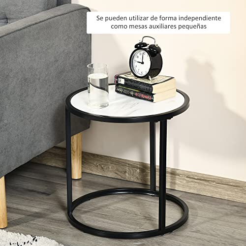 HOMCOM Juego de 2 Mesas Auxiliares Redondas Apilables Mesas de Café Modernas con Encimera en Efecto de Mármol y Marco de Acero Ø60x46 cm y Ø40x40 cm Blanco