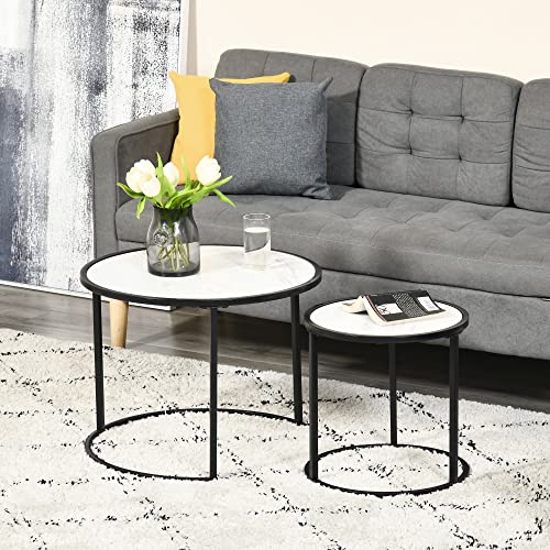 HOMCOM Juego de 2 Mesas Auxiliares Redondas Apilables Mesas de Café Modernas con Encimera en Efecto de Mármol y Marco de Acero Ø60x46 cm y Ø40x40 cm Blanco