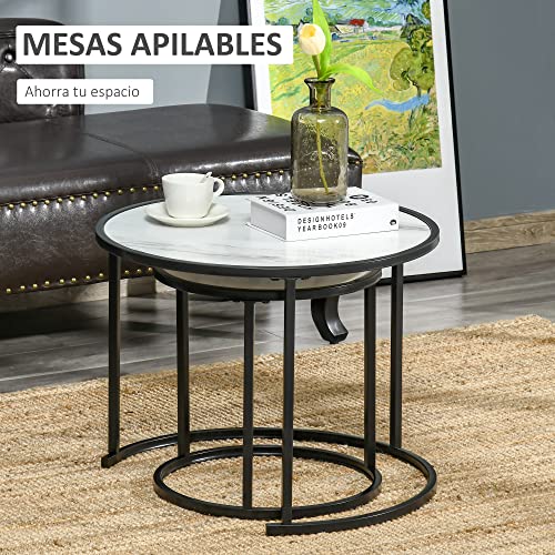 HOMCOM Juego de 2 Mesas Auxiliares Redondas Apilables Mesas de Café Modernas con Encimera en Efecto de Mármol y Marco de Acero Ø60x46 cm y Ø40x40 cm Blanco