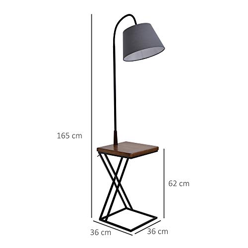 HOMCOM Lámpara de Pie con Mesita Iluminación Interior Moderno Foco de Luces con Cabeza Flexible Patas de Acero Marco Metálico Estable 36x36x165 cm Negro Marrón Gris