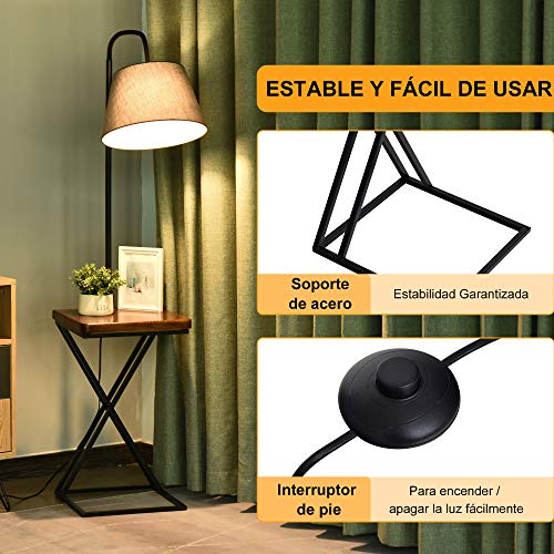 HOMCOM Lámpara de Pie con Mesita Iluminación Interior Moderno Foco de Luces con Cabeza Flexible Patas de Acero Marco Metálico Estable 36x36x165 cm Negro Marrón Gris