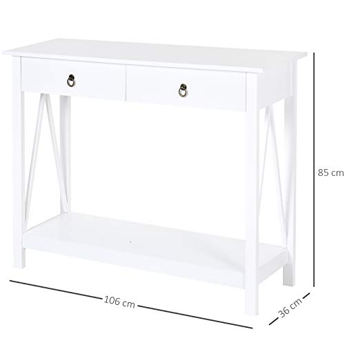 HOMCOM Mesa Auxiliar para la Entrada con 2 Cajones y 1 Estante Inferior para Gran Espacio de Almacenaje para Muebles de Recibidor Tipo Consola Clásica Vintage 106x36x85cm Blanco
