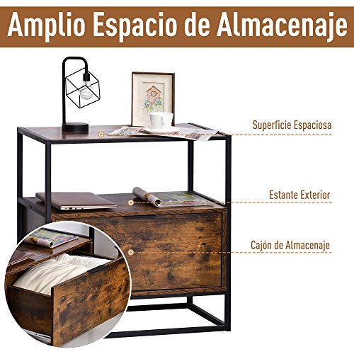 HOMCOM Mesa Consola Auxiliar de Estilo Industrial con Gran Cajón y Estante Abierto con Superficie Espaciosa Mesa Multifuncional Retro con Marco de Metal 73x45,5x76 cm Marrón Rústico