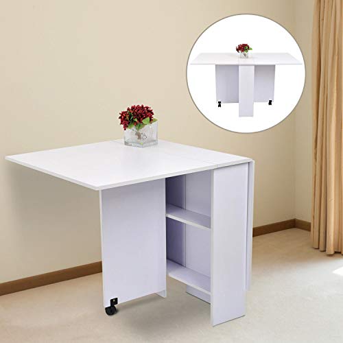 HOMCOM Mesa de Comedor Plegable Mesa de Madera con 2 Solapas 2 Estantes de Almacenaje y Ruedas para Cocina 80x140x74 cm Blanco