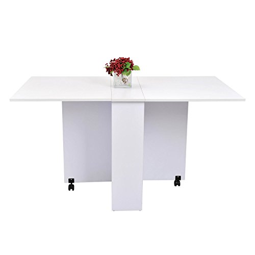 HOMCOM Mesa de Comedor Plegable Mesa de Madera con 2 Solapas 2 Estantes de Almacenaje y Ruedas para Cocina 80x140x74 cm Blanco