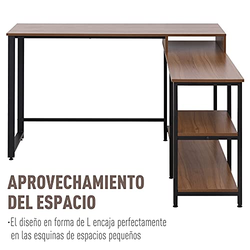 HOMCOM Mesa de Ordenador en Forma de L Escritorio de Oficina Diseño de Esquina con Múltiples Estantes Gran Superficie de Melamina Marco Metálico 130x130x78 cm Nogal