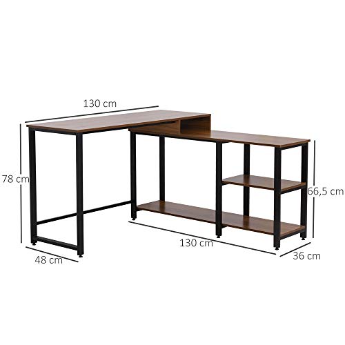 HOMCOM Mesa de Ordenador en Forma de L Escritorio de Oficina Diseño de Esquina con Múltiples Estantes Gran Superficie de Melamina Marco Metálico 130x130x78 cm Nogal