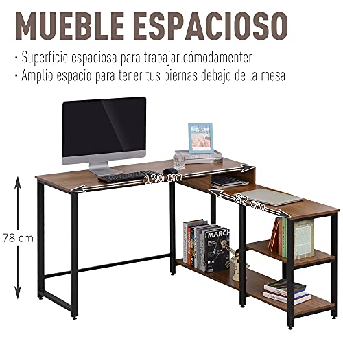 HOMCOM Mesa de Ordenador en Forma de L Escritorio de Oficina Diseño de Esquina con Múltiples Estantes Gran Superficie de Melamina Marco Metálico 130x130x78 cm Nogal