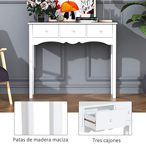 HOMCOM Mueble Mesa Recibidor Tipo Consola de Entrada y Mesa Auxiliar con 3 Cajones en Color Blanco y Material de Madera 100x32x85cm