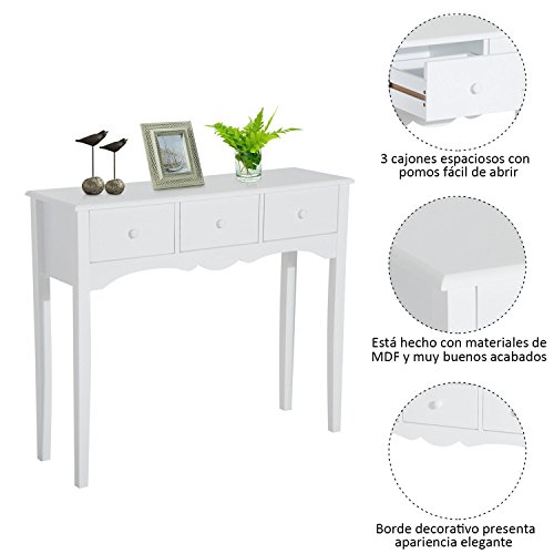 HOMCOM Mueble Mesa Recibidor Tipo Consola de Entrada y Mesa Auxiliar con 3 Cajones en Color Blanco y Material de Madera 100x32x85cm