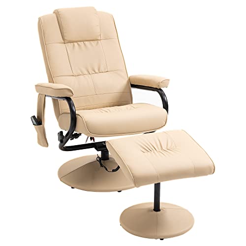 HOMCOM Sillón de Masaje Eléctrico con Taburete Reposapiés Sillón Relax Giratorio Reclinable hasta 145° con Control Remoto y 10 Zonas de Masaje Tapizado en PU 77x84x95 cm Beige