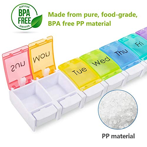 HONZUEN Pastillero Semanal 1 Tomas con Etiquetas, Pulsador Organizador Dispensador de Pastillas con 7 Compartimentos, Sin BPA Organizador de Medicinas, Colorido Pastillero Organizador de Viaje
