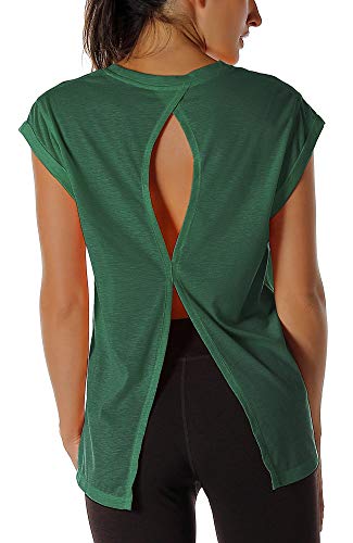 icyzone Camiseta de Fitness de Manga Corta de Espalda de Suelta Cuello Redondo Transpirable Abierta para Mujer -XL-