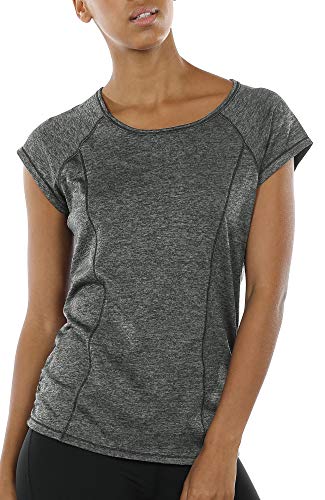 icyzone Camiseta de Fitness Deportiva de Manga Corta de Espalda Abierta para Mujer para Gimnasio -S-Carboncillo