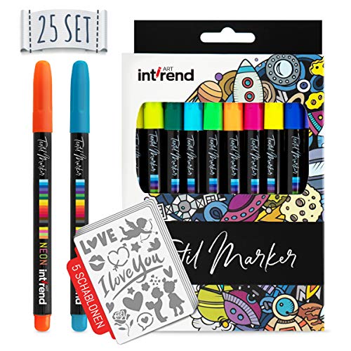 int!rend 25 Rotulador Ropa Textil Pintura Permanente - Rotuladores de Tela Seguros para Lavado - Marcadores Textiles 20 Colores + 5 Plantillas - Boligrafo Permanentes Camisetas