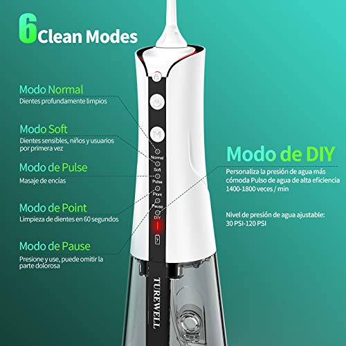 Irrigador Bucal Inalambrico,TUREWELL Portatil Profesional Irrigador Dental con 300ML Tanque, 6 Modos y 5 Boquillas,IPX7 a Prueba de Agua y 2 Formas de Carga, Irrigadores dentales para viajes / hogar
