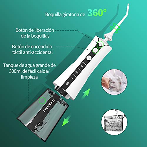 Irrigador Bucal Inalambrico,TUREWELL Portatil Profesional Irrigador Dental con 300ML Tanque, 6 Modos y 5 Boquillas,IPX7 a Prueba de Agua y 2 Formas de Carga, Irrigadores dentales para viajes / hogar