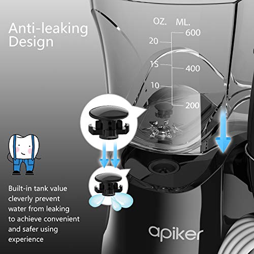 Irrigador Dental Professionale con 8 Boquillas Multifuncionales, Apiker Irrigador Bucal con Capacidad de 600ml, 10 Ajustes de Presión del agua, Limpieza Dientes,Aprobado por la FDA