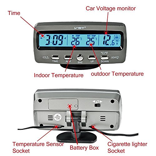 Itian LCD Automoción Electrónico Relojes, Interior del Coche y Termómetro Exterior, Monitorización de Voltaje, Despertador, Multifuncional Mesa