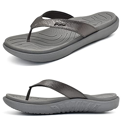 jiajiale Chanclas Mujer Moda Ortopedicas Comodas Piel Tela Sandalias de Dedo Verano Cool Playa Piscina Flip Flop Ligera Abierta Chancletas Antideslizante Goma Suela Gris EU39