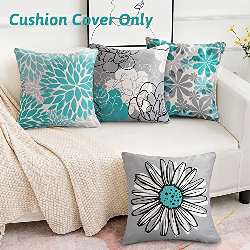 Juego de 4 Funda Cojin 45 x 45 cm Lino Funda de Almohada Decorativos Modernas Daisy Flor Turquesa y Gris Fundas de Cojines de Sofas Cama Salon Hogar Jardin Bancos Exterior Funda Almohadon Cuadrado