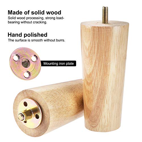 Juego de 4 patas de madera maciza de 13 cm, patas de repuesto cónicas con pernos M8 preperforados